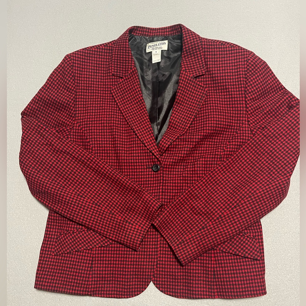 Women's Pendleton 100% Virgin Wool Red/Black Houndstooth Button-Up Blazer Sz 16